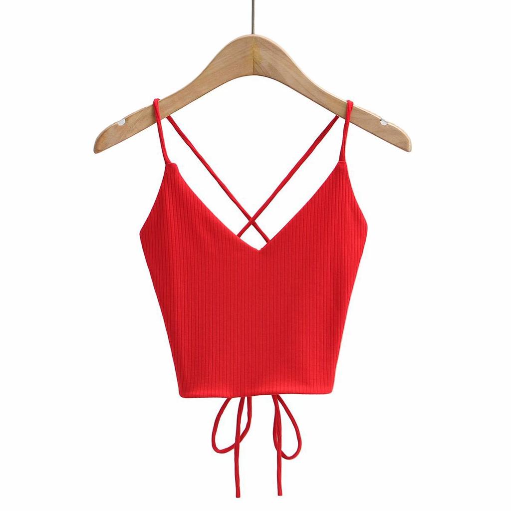 Summer New Sexy Babes Beautiful Back Cross Tie String Knitted Base Top V-neck High Waist Camisole Top Female Tide