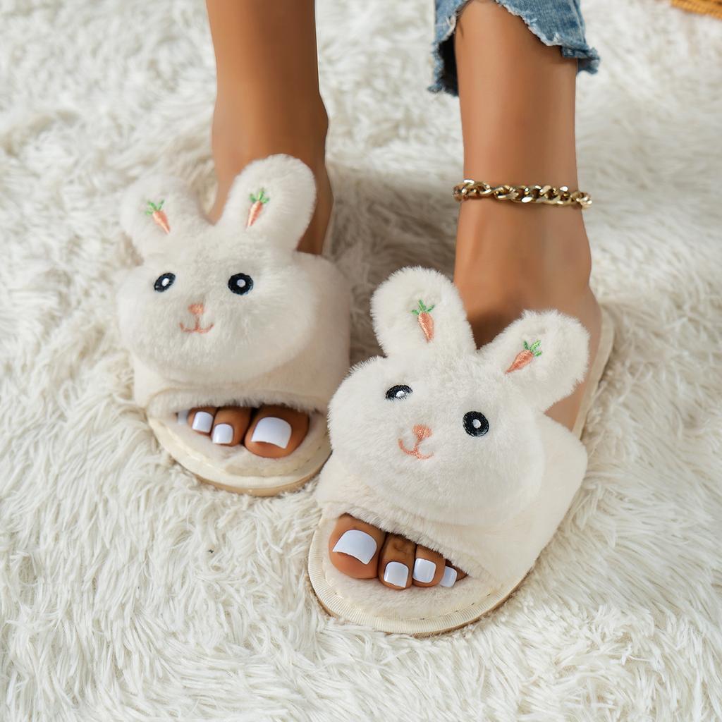 Mode 2024 Neue Frühling/Herbst Damen Hausschuhe Runde Zehen Flache Schuhe für Damen Indoor Offene Zehen Ballerinas Slipper Bequeme Kaninchen Pantoletten