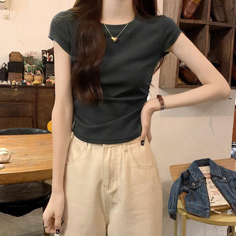 Round Neck Short-sleeved T-shirt for Women, Slim New Style, Waist Tight, Korean Style Design, Unique Right Shoulder Top for Niche Hot Girls