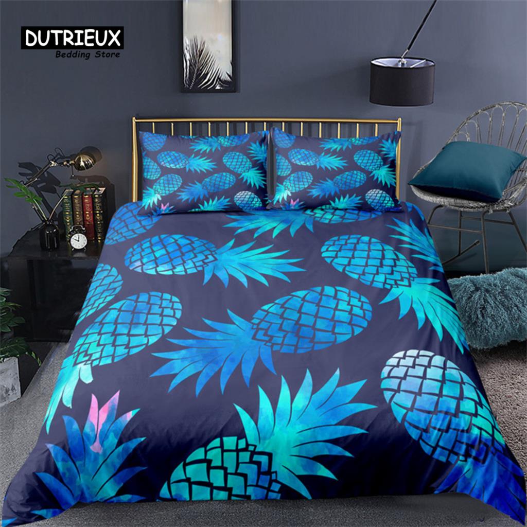 Funny Tropical Fruit Bedding Set Microfiber Pineapple Pear Geometric Pattern Duvet Cover With Pillowcases For Kids Bedroom Decor