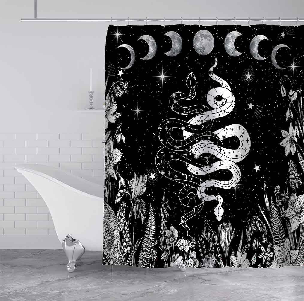 Tenda da Doccia Luna Nera e Bianca Fase Lunare Galassia Stella Floreale Pianta Boho Celeste Misterioso Gotico Strega Ganci
