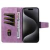 For iPhone 15 Pro Leather Case Wallet Stand Grids Imprinted Phone Cover with Strap