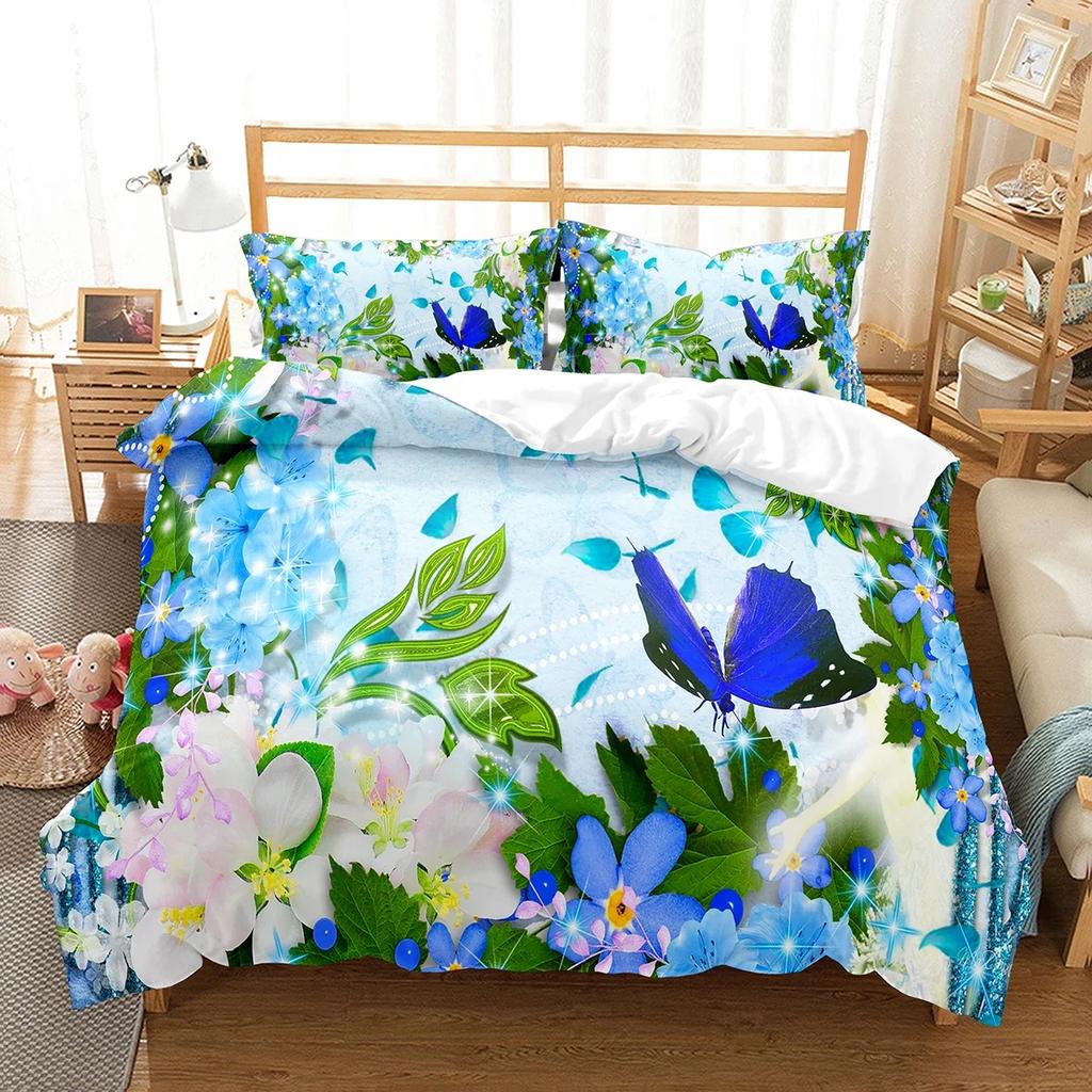 Butterfly And Flower Duvet Cover Girls Botanical Floral Bedding Set Microfiber Garden Flower Print Quilt Cover Twin King Size