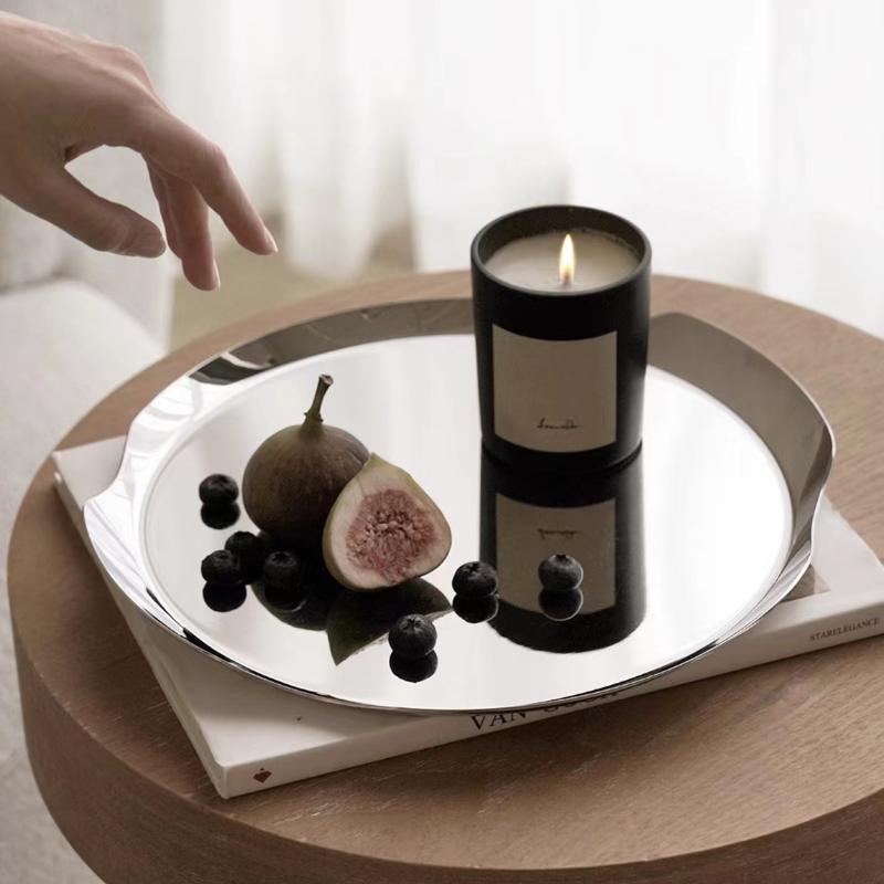 Nordic Light Luxury Round Stainless Steel Tray Fruit Dish Coffee Tea Wine Set Storage Tray Serving Plate Living Room Organizer
