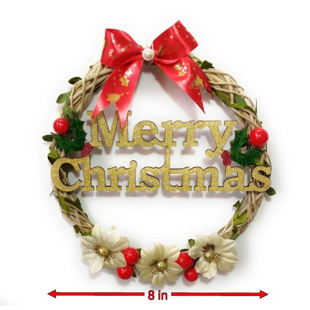 Decorated Christmas Wooden Wreath for Front Door - Size 7.5 Inch, Wall Hanging, Decoration for Church, Home, Office, Shopping Malls