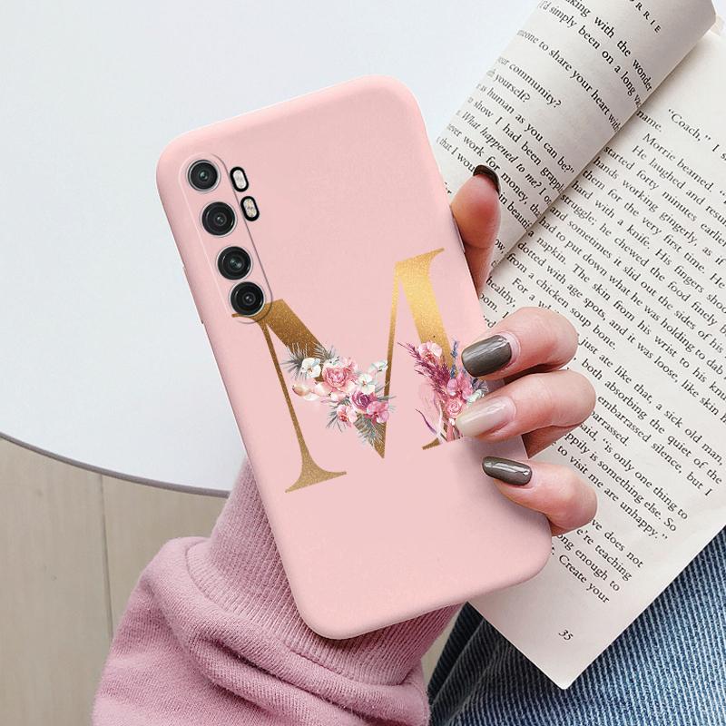 Letter Case For Xiaomi Mi Note 10 Lite Back Cover Retro Flowers Pink Black Soft TPU Initial Fundas For Xiaomi Note10 Lite Coque
