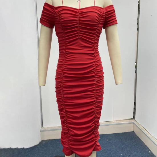 Šaty s krátkým rukávem, v pase přiléhavé, s obepnutím boků, jednobarevné, sexy, elegantní, s odhalenými rameny, řasené, plisované, midi, úzké, streetové