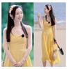 French Small Yellow Suspender Dress Women's Summer New Waist Temperament Long Dress Seaside Vacation Skirt