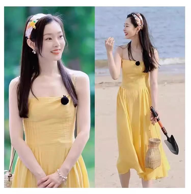 French Small Yellow Suspender Dress Women's Summer New Waist Temperament Long Dress Seaside Vacation Skirt
