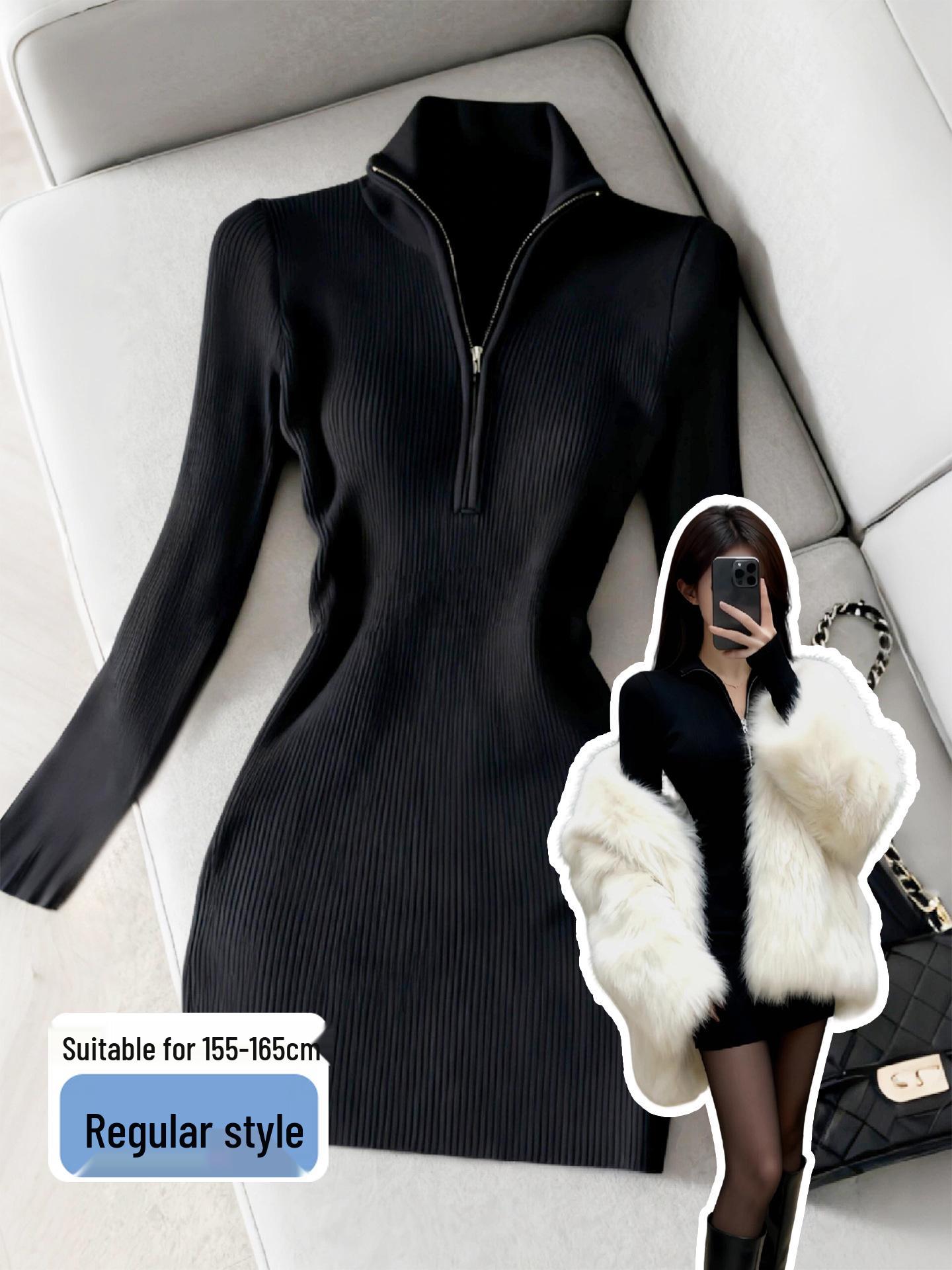 

Women s Black Knit Dress - Slimming Long Sleeve, Plus Velvet Inner, Hip-Hugging, Autumn/Winter 2025 L for 55-60 kg