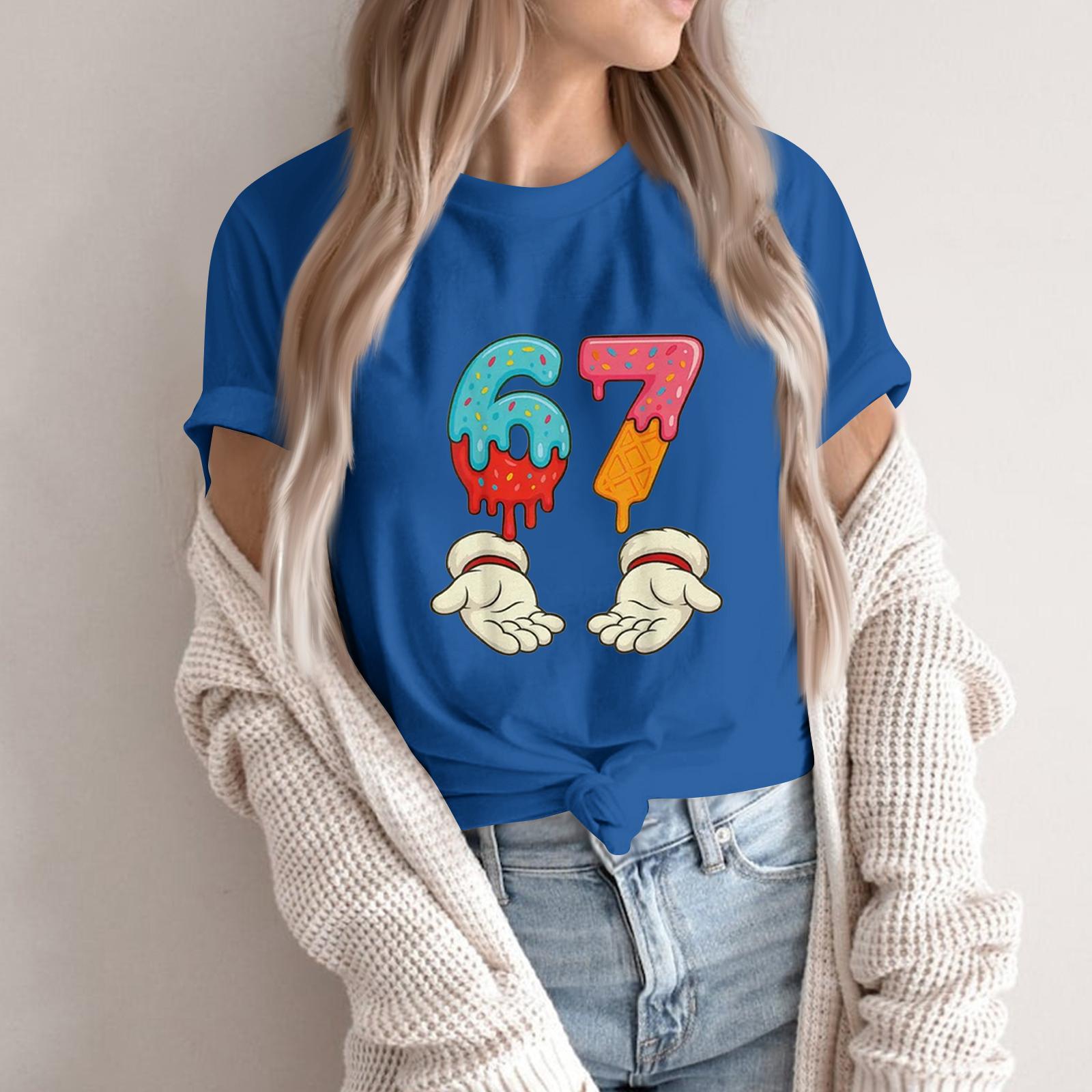 

Жіноча модна повсякденна футболка з коротким рукавом з принтом, топ з круглим вирізом L синій