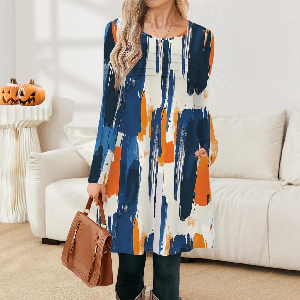 Women's Casual Fashion Long Sleeve Graphic Printed Vintage Dresses With Pockets