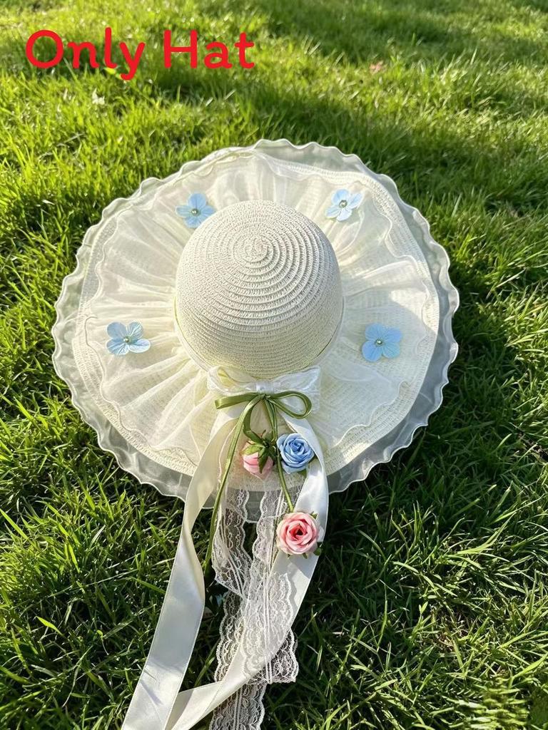 Summer Straw Hat For Women With Lace Bow Sun Protection Beach Vacation