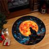 Cat Silhouette Orange Moon Night Sky Round Rug Flannel Cosmic Fantasy Floor Mat Pet Lover Gift Bedroom Decor Dreamy Atmosphere