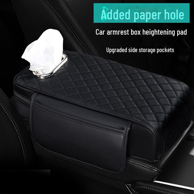 Nappa Leather Diamond-Stitched Car Armrest Cushion with Tissue Storage
