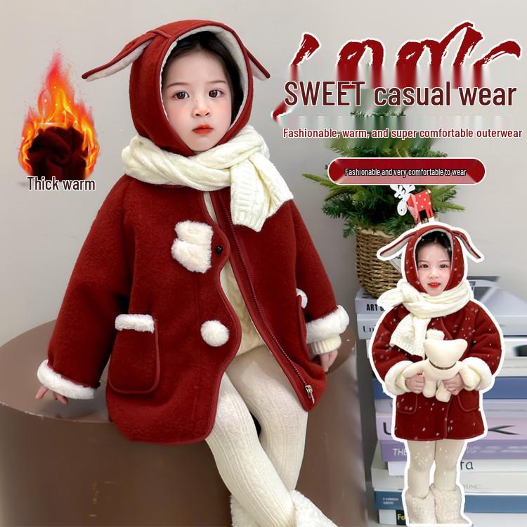 Mädchen Wintermantel im koreanischen Stil mit rosa Hasenohren und flauschigem Futter