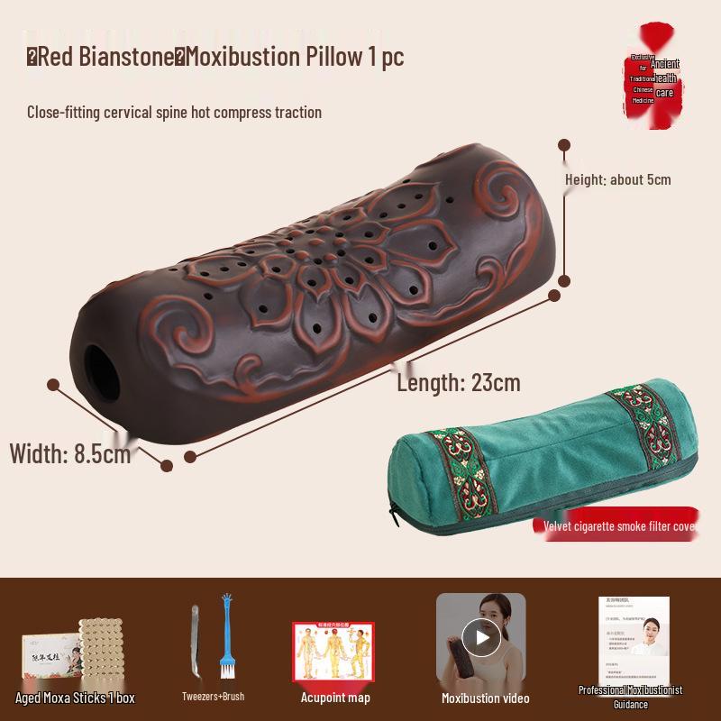 Red Bianstone Moxibustion Neck Pillow: Portable Cervical Spine Heat Therapy Device for Home Use