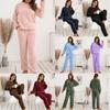 Women's Loose Fit Two Piece Pajama Set Long Sleeve Fleece Top High Rise Straight Leg Lounge Pants