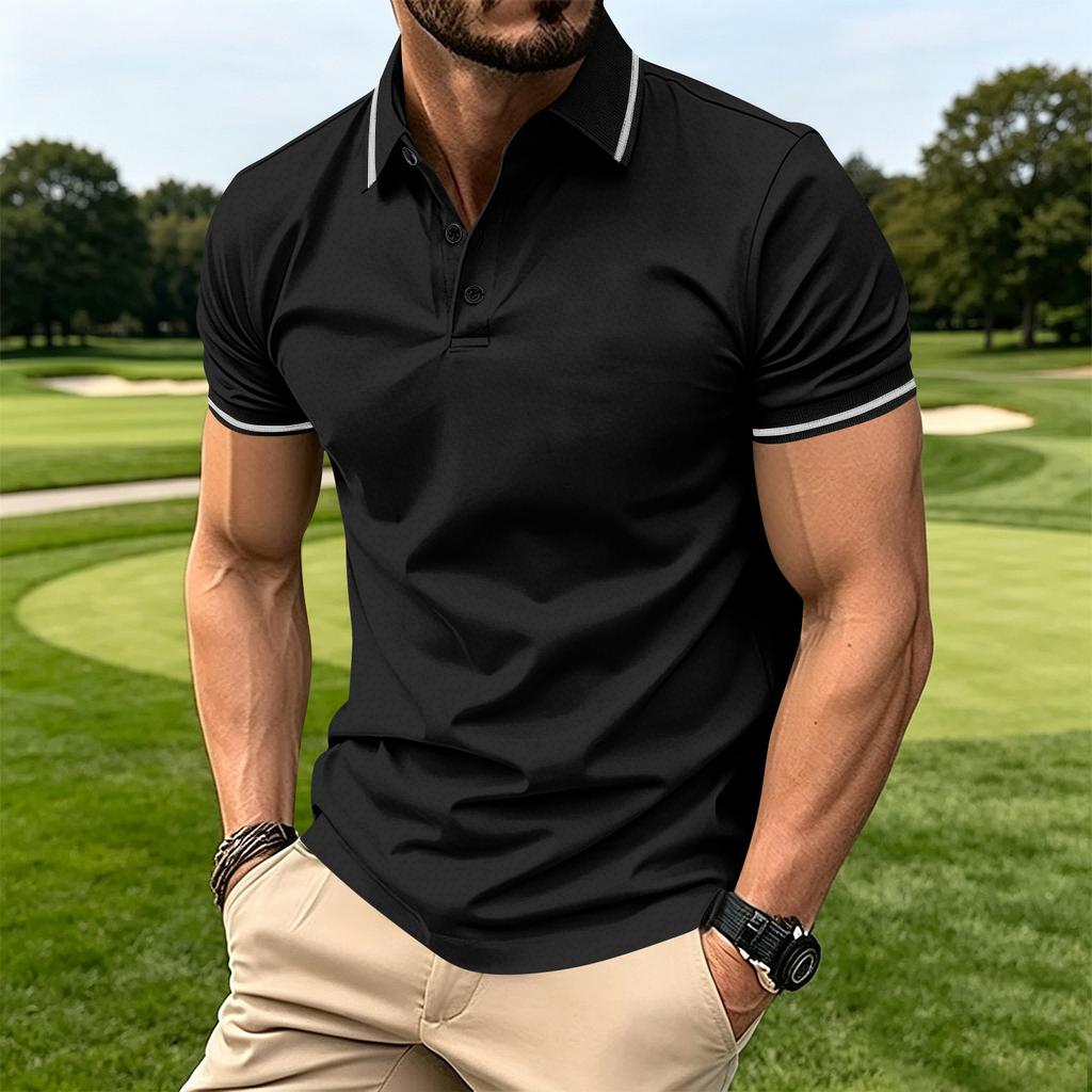 Men's Button Ribbed Collar Polo Shirt Short Sleeve Athletic Fit Casual Lightweight Breathable Fabric Summer Top