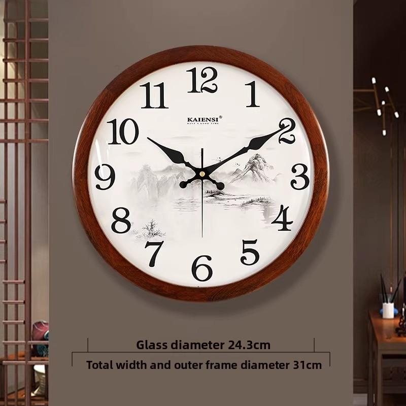 New Chinese Living Room Wall Clock Simple Design Wall Hanging Solid Wood Fashionable Silent Round Bedroom Quartz Clock