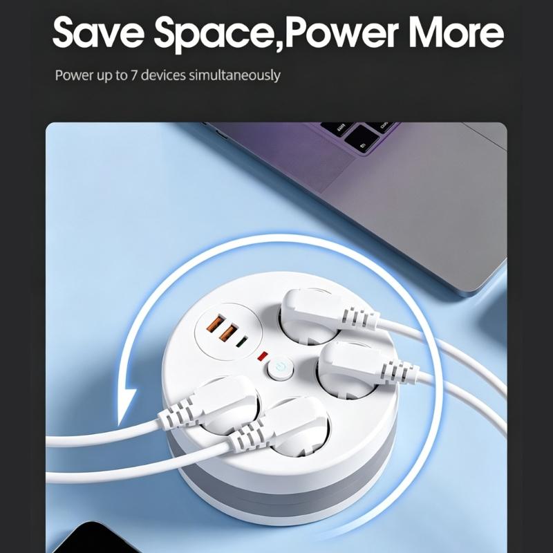 Power Extension Block Intelligent Design 4 Outlet 3 USB Charging Port 280Cm Adjustable Length Cable with Protections