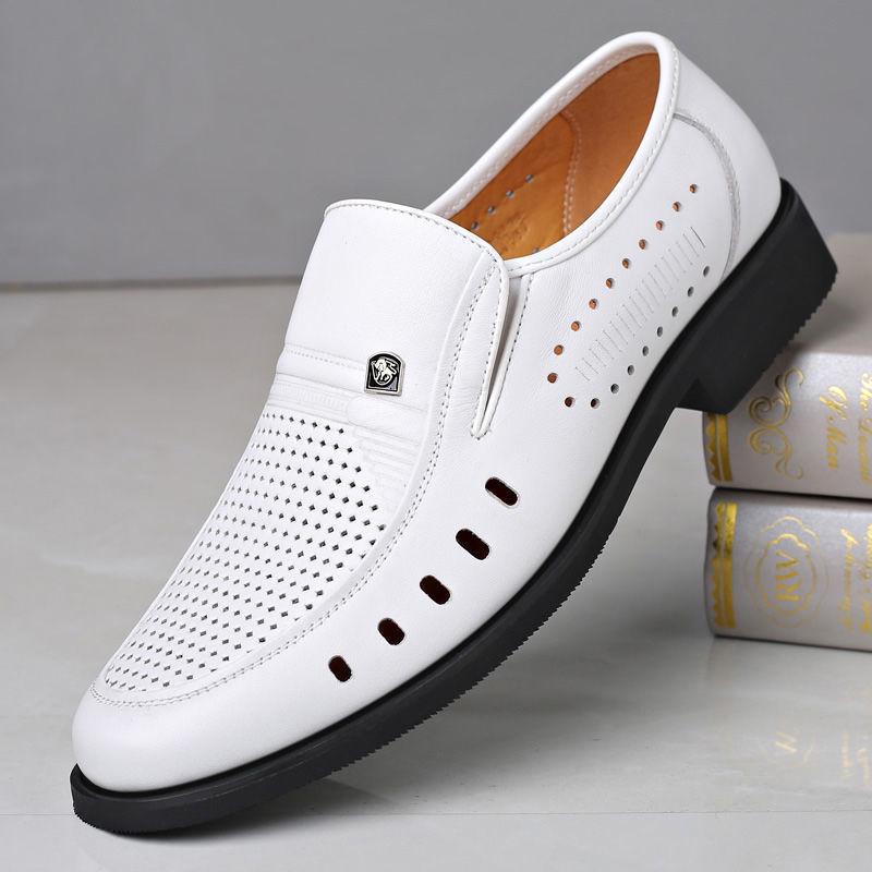Men's Breathable Genuine Leather Hollow Sandals - Soft Sole, Non-Slip, Perfect for Summer and Business Wear
