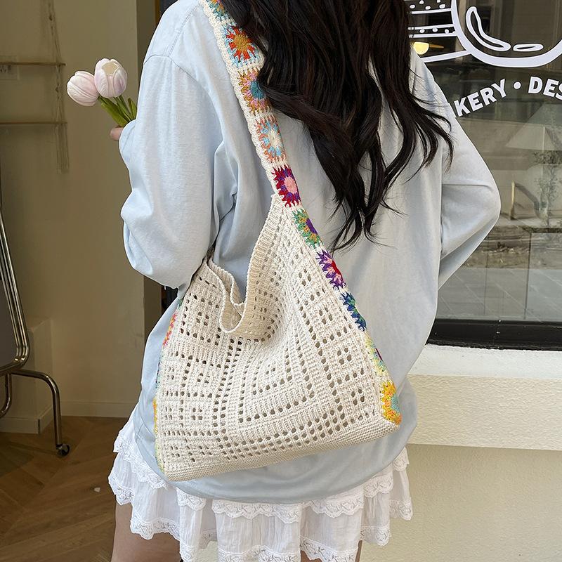 Large Capacity Fashion Cut-out Boho Tote Bag Trendy Floral Crochet Handmade Knitted Bag Vintage Multicolor Hollow Out Handbag