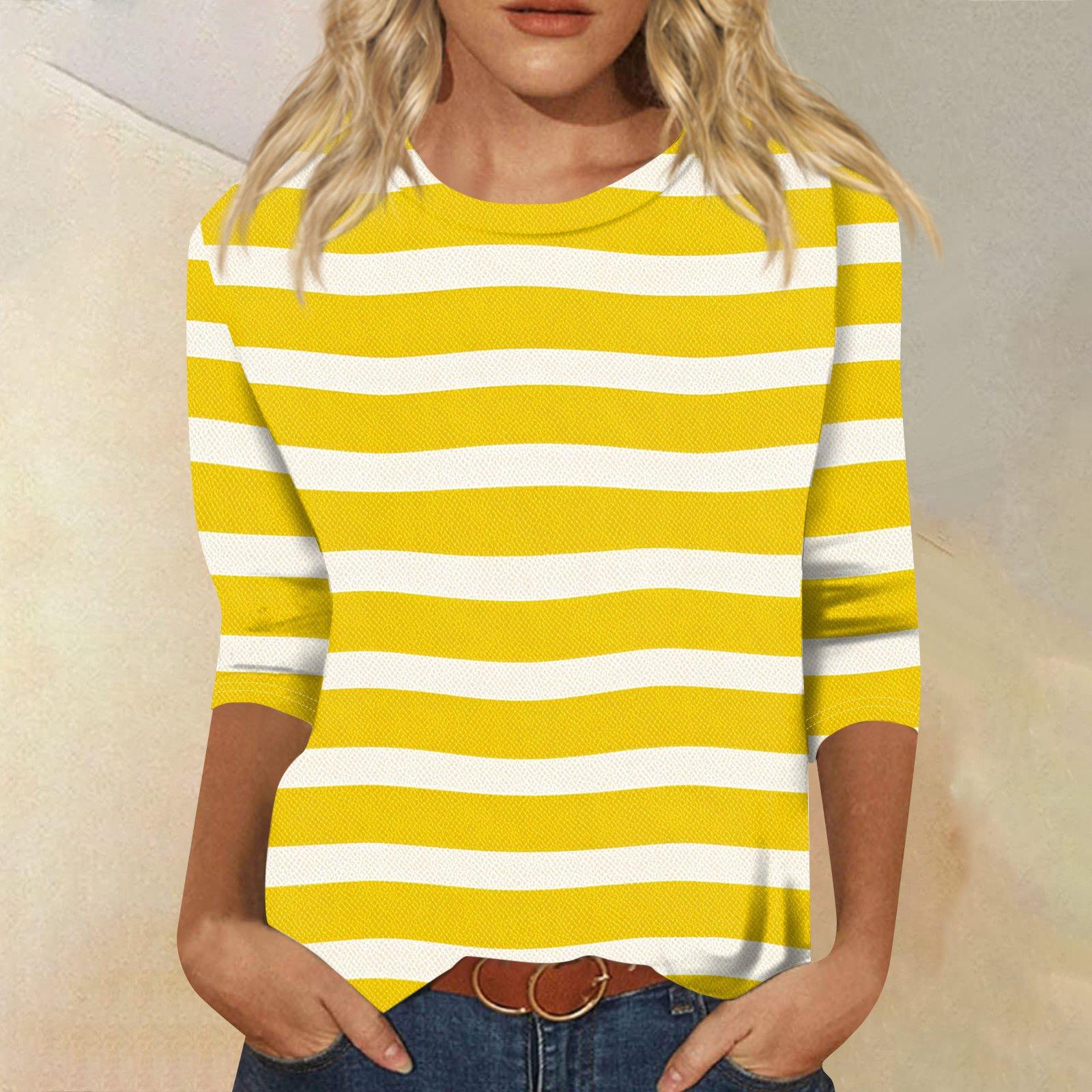 

Women s Fashionable Casual Round Neck Three-quarter Sleeve Striped Printed T-shirt Top XL жовтий