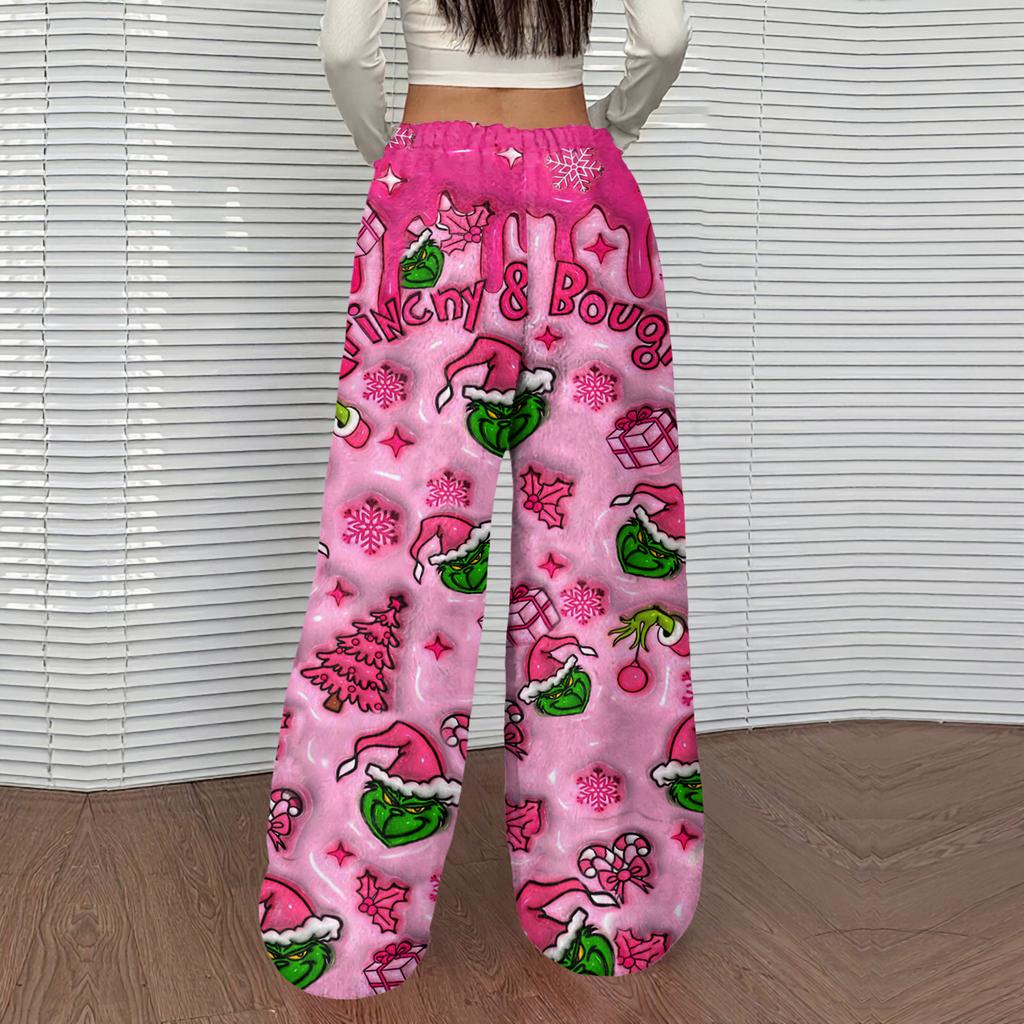 Women's Casual Christmas Print Elastic Waist Loose Fit With Plush Wide Leg Pants
