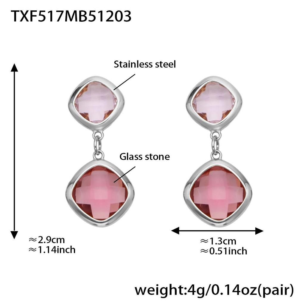 Geometric Glass Stone Earrings & Stainless Steel Bead Necklace Bracelet Set - Multi-color Patchwork Jewelry