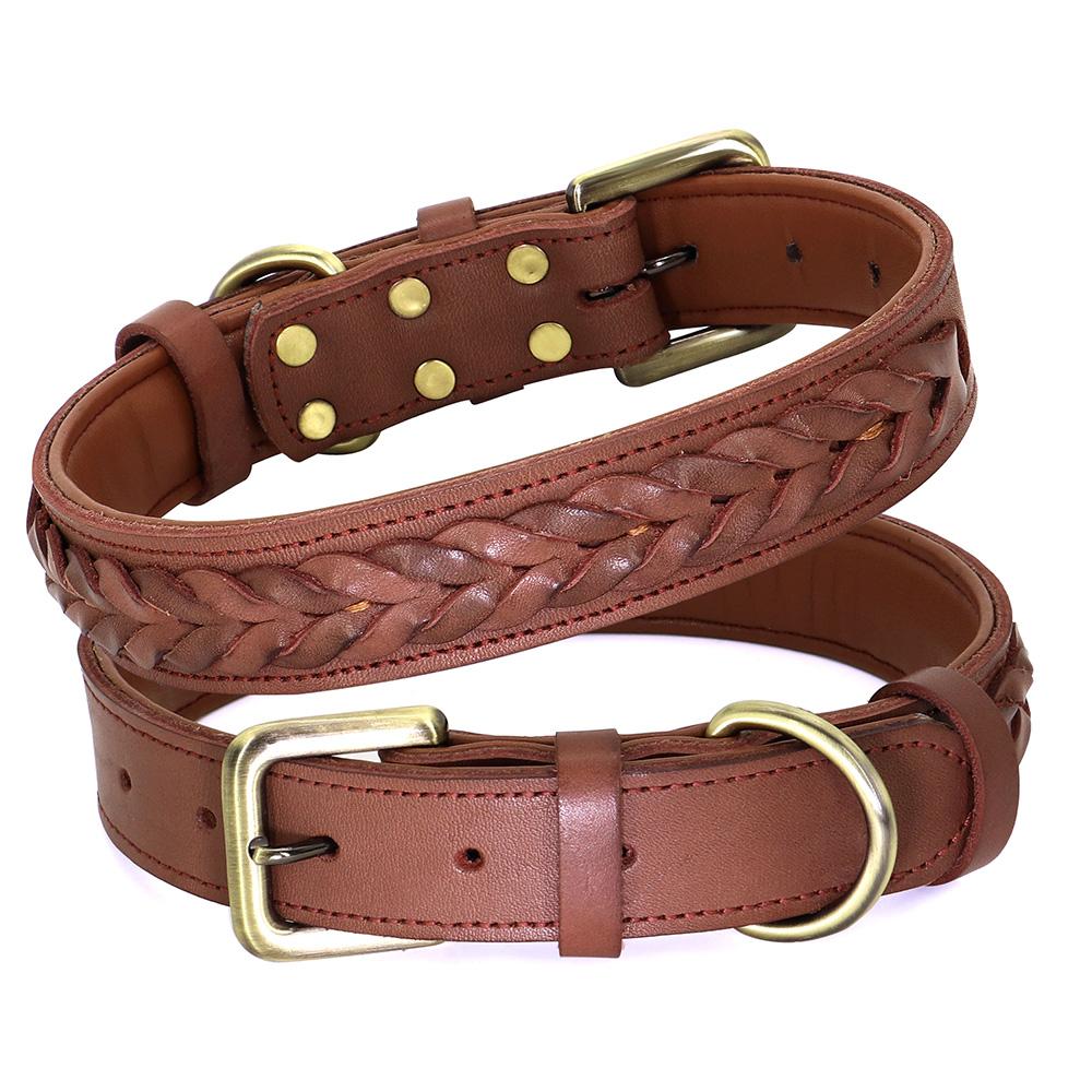 Cow Leather Dog Collar Leash Genuine Leather Big Dog Collars Lead Braided Pet Collars For Medium Large Dogs German Shepherd