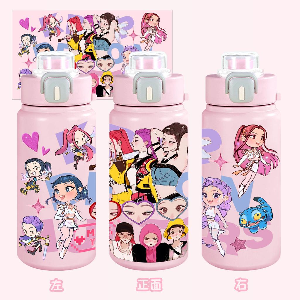 600Ml Water Bottle Anime Cartoon K-Pop Demon Hunters Printed Large Capacity Drinking Cup Portable Outdoor Sports Water Cup Children Kid Gift