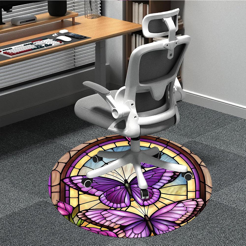 1pc Butterfly StainedGlass Office Round Area Rug,  Mat Suitable ForOffice, Under Office Chairs Bedroom Living Room Home Decor, Room Deco