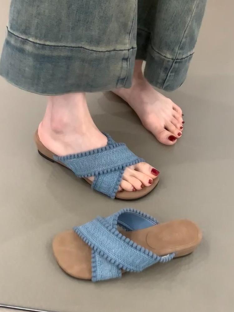 

Famous style retro woven one-word drag girl summer 2025 new outer wear seaside vacation sexy open-toed beach shoes 40 синий