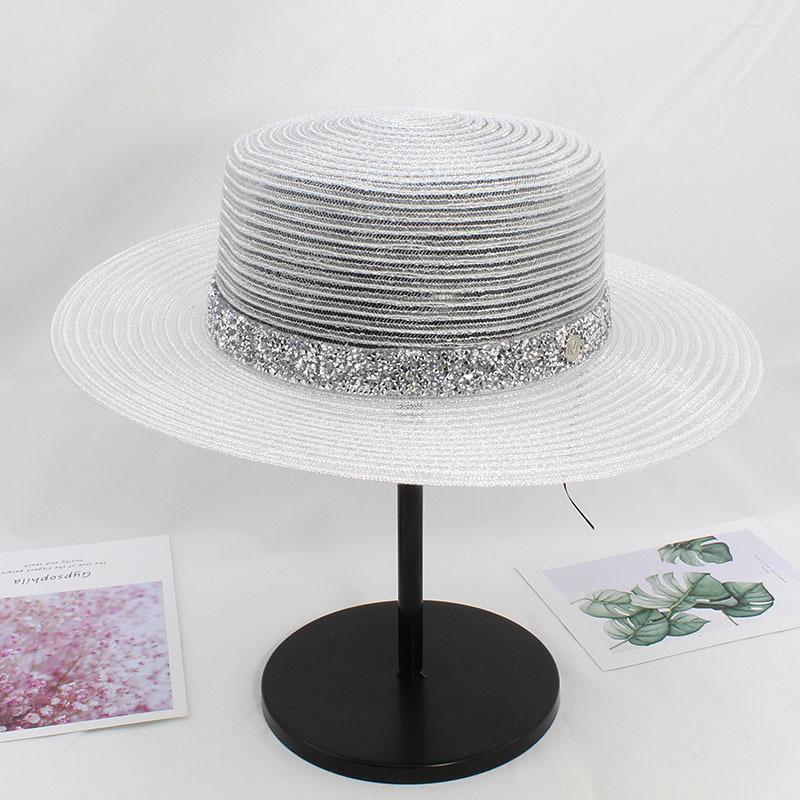 Internet Celebrity Hat M Standard Rhinestone Hollow Flat Top Straw Hat Outdoor Outing Seaside Sun Hat Women'S White Top Hat