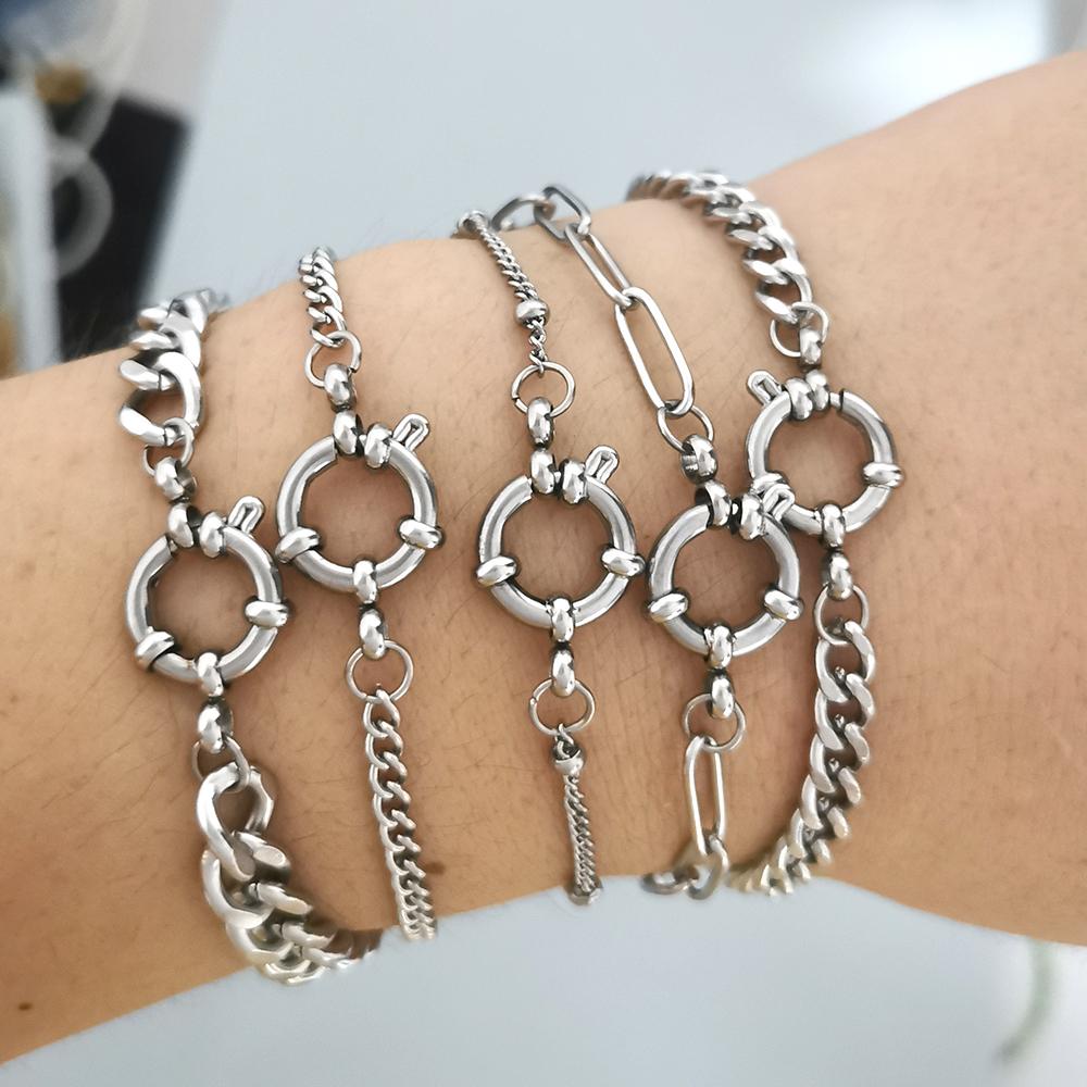 QMHJE Stainless Steel Bracelet Anklet Women Men Anchor Clasp Beads Chain Sailor Wheel Geometric Link Basic DIY Gold Silver