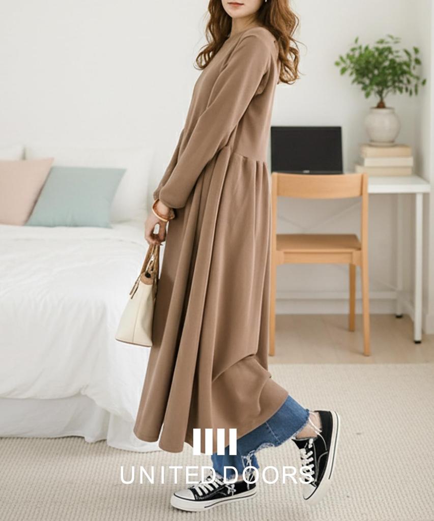 United Doors Loose-fitting Dress, Comfortable, Long Sleeves, Collarless, Round Neck, Elegant, Long Length, Mocha, 5A-D05-MOXL