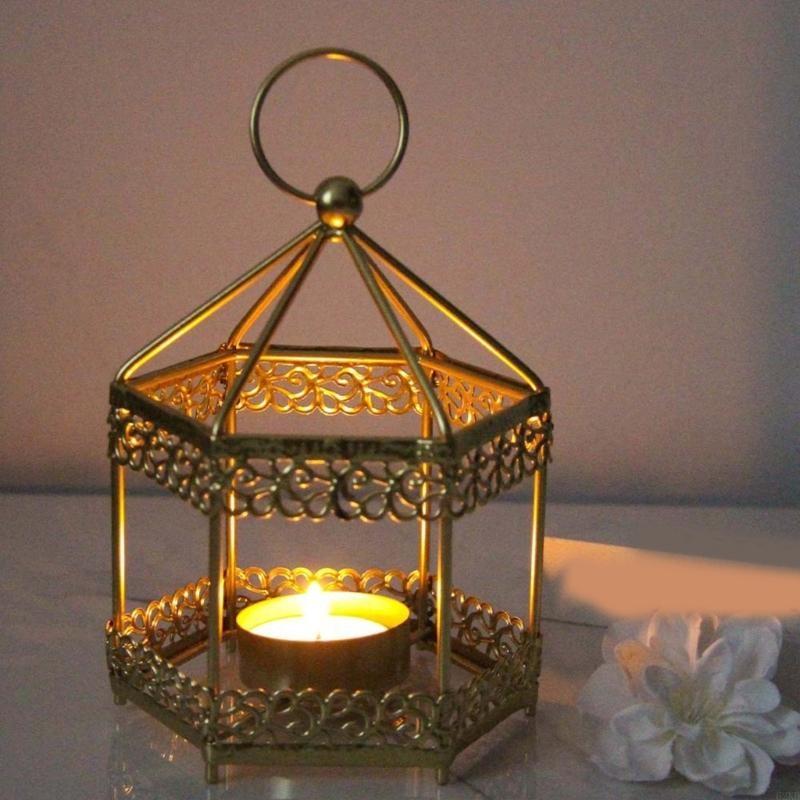 62KD Hexagonal Metal Holder Hollowed Iron Candlestick Hanging Lanterns