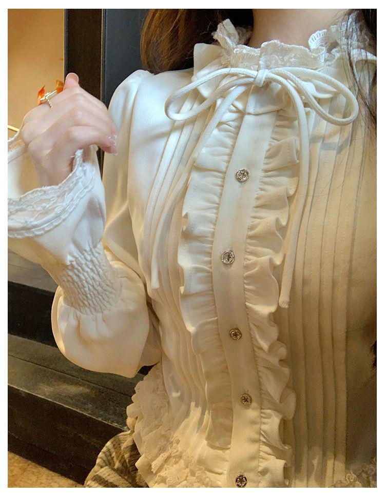 Cream Bagel French Sweet Age-Reducing Lace Ruffle Slimming Blouse - Women's Autumn Court Style Top