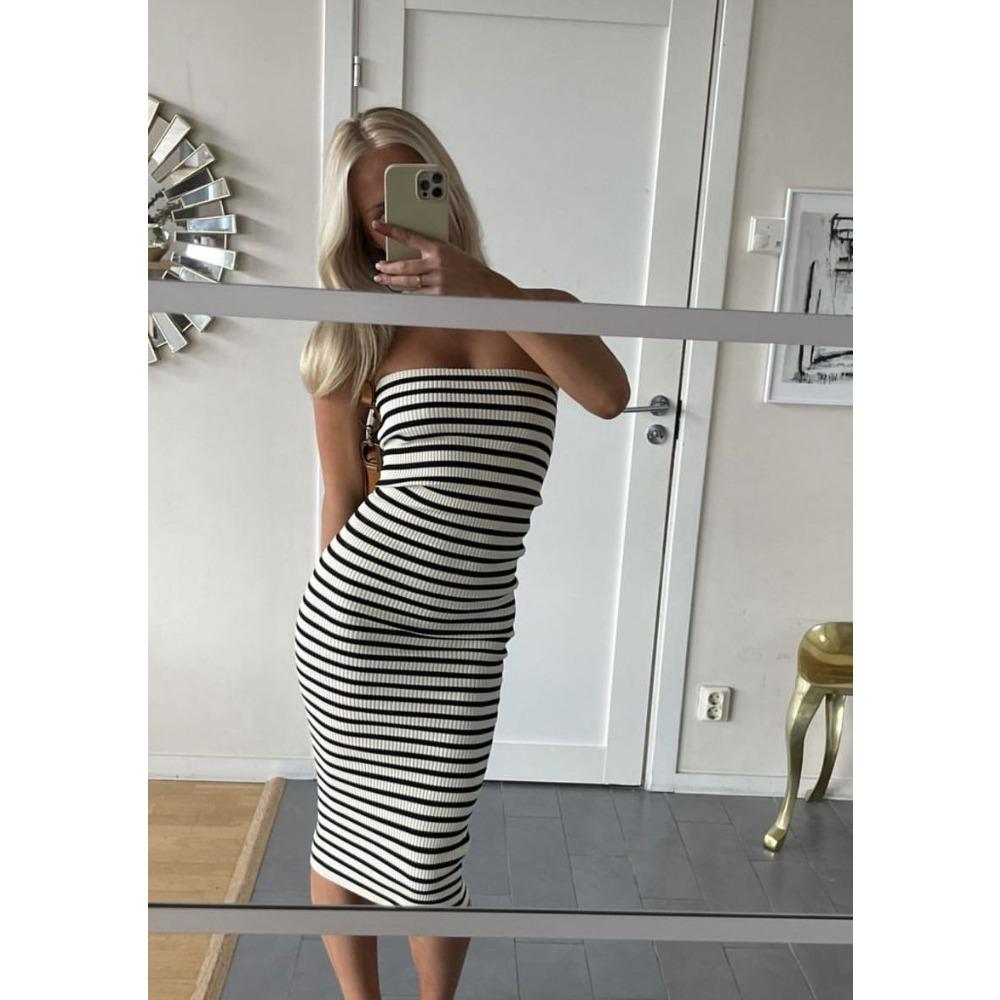 Summer Women's Smocked Temperament Striped Sexy Slim Package Hip Knitted Long Dresses