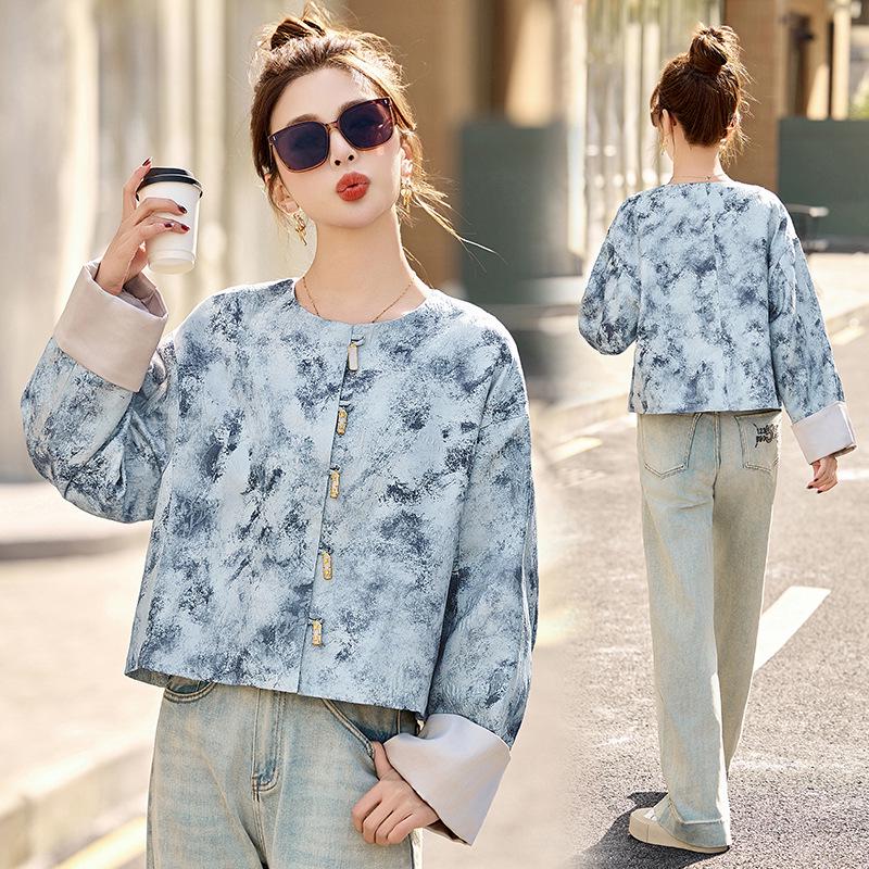 

Женская куртка с круглым вырезом в стиле ретро-жаккард с чернильным принтом, весна 2025 XL (130-145 lbs)