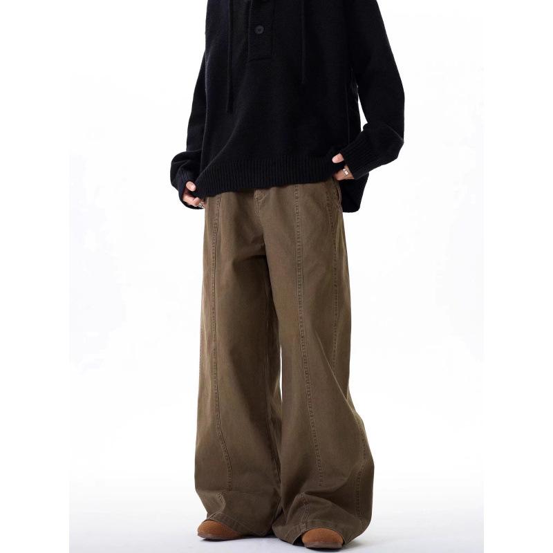 JYL Unisex Cargo Pants American Lazy Vintage Loose Straight Washed Denim 3XL ализарин красный