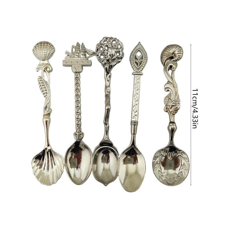 Retro Art Embossed Alloy Spoon Set 5Pcs Kitchen Utensils Durable Alloy Tableware Collection For Dining Elegances