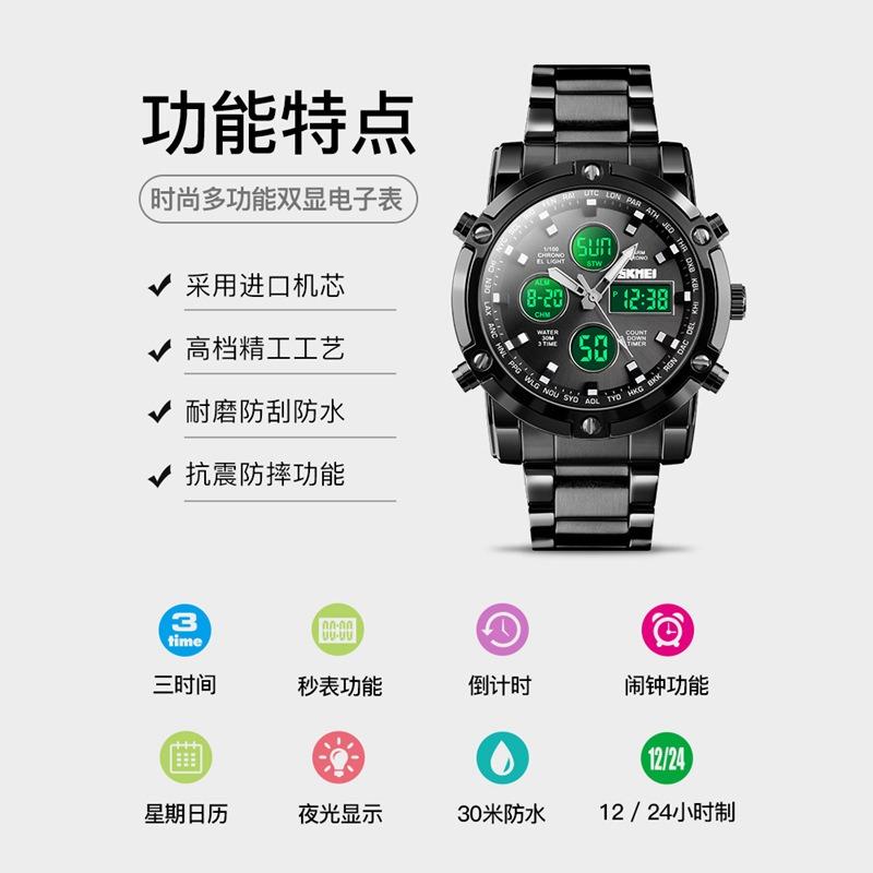 Dual Display Electronic Watch, Multi-function Steel Strap, Large Dial, Three-time Men's Waterproof Watch