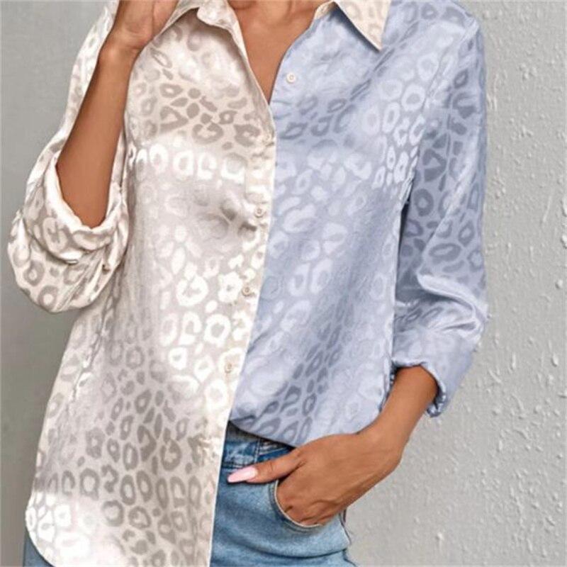 Spring Autumn Shirt Leopard Printed Satin Silk Shirt Women Long Sleeve Button Down Blouse Tops Female Suit Shirt Commuting Wind