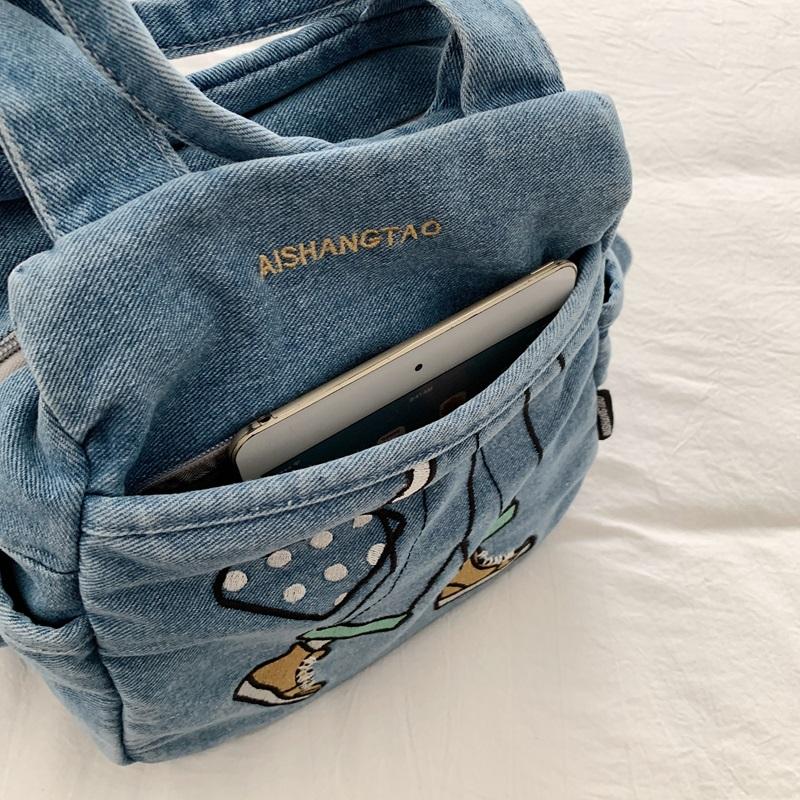 Women Cartoon Embroidery Denim Tote Bag Carry Handbag with Detachable Crossbody Strap Large Capacity Washed Jean Casual Daily Shopping Messenger