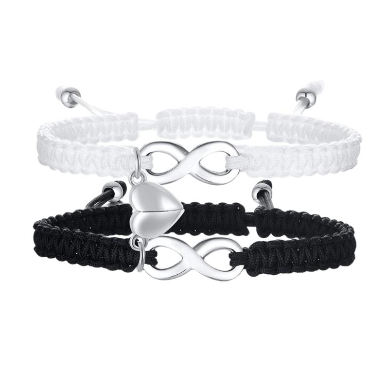 Braided Cord Bracelet Pair with a Split Heart Design, Adjustable Sliding Closures, and Smooth Stainless Steel Details