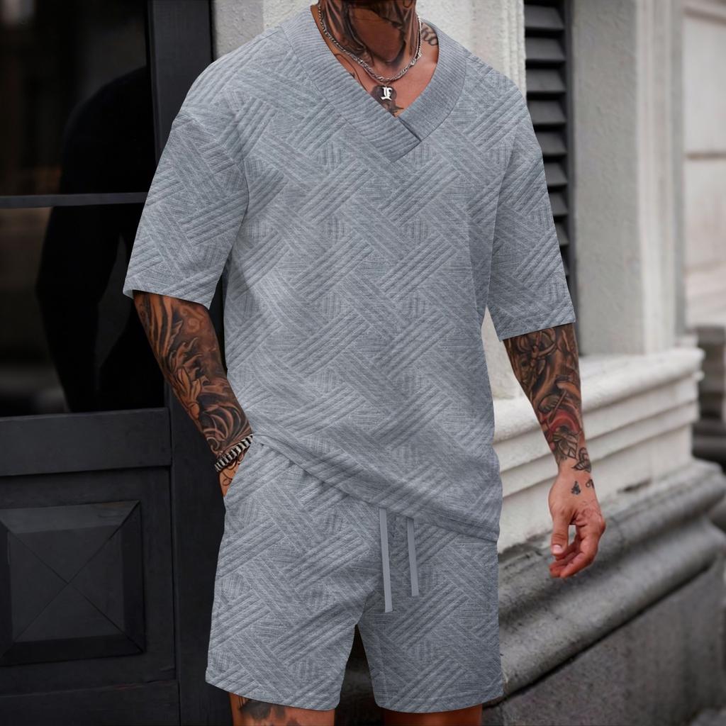 Men's New Casual Color Versatile V-neck Short-sleeve And Shorts Set