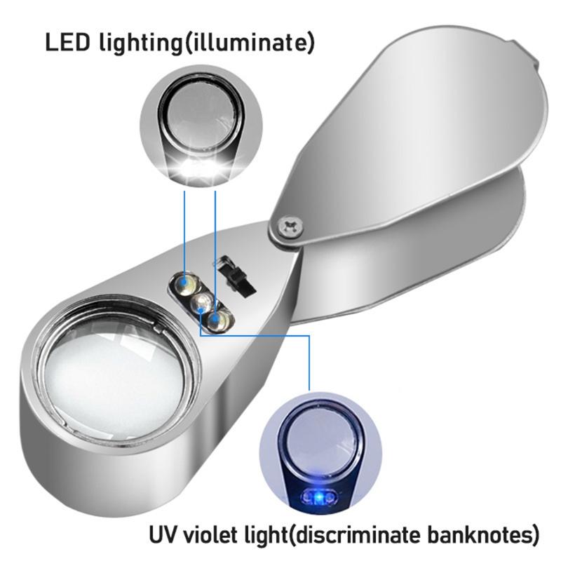 40X Full Metal Illuminated Jewelers Magnifier Best Pocket Folding Magnifying Glass Jewelers Lens Eye Loupe with LED