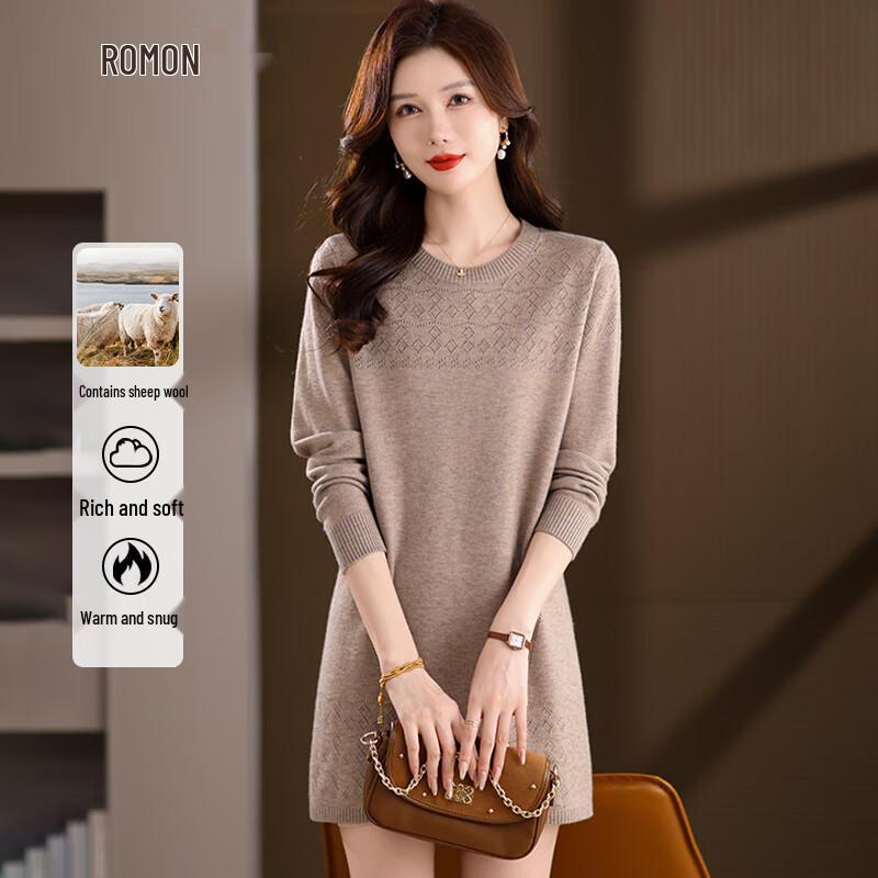 Luomen Women's Wool Blend Long Sleeve Round Neck Midi Knit Dress